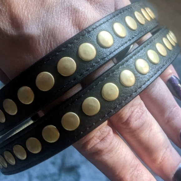 All Saints Split Leather Studded Belt in Black with Brass sz Large - Picture 6 of 10